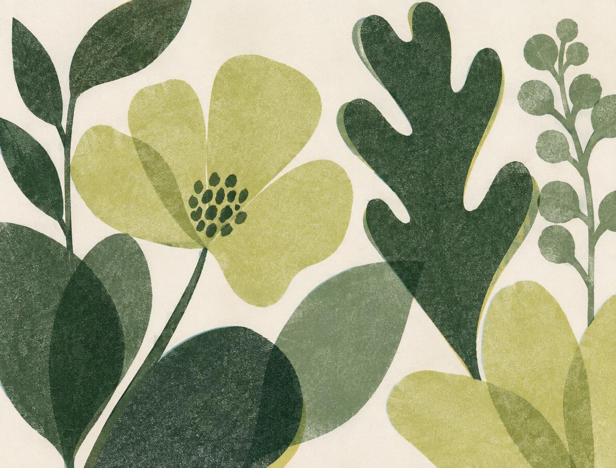 Illustration i papperskollostil: blad och kronor i mossa, ormbunke och lav